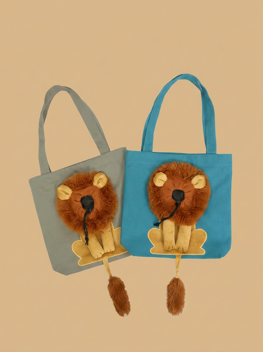 Lion shaped cat carrier bag in blue and grey canvas