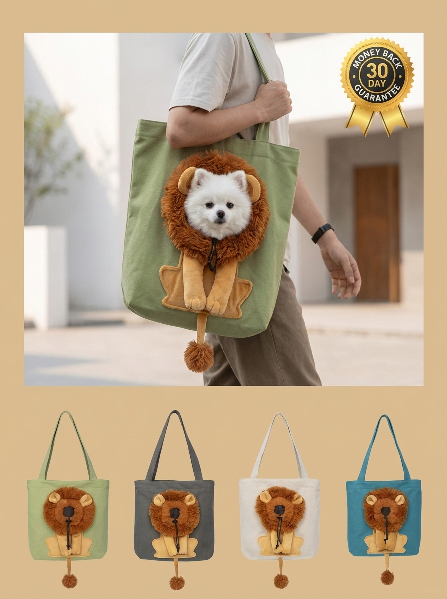 Cat sitting inside the lion carrier bag with head poking out