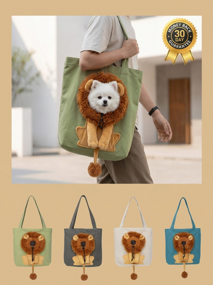 Cat sitting inside the lion carrier bag with head poking out
