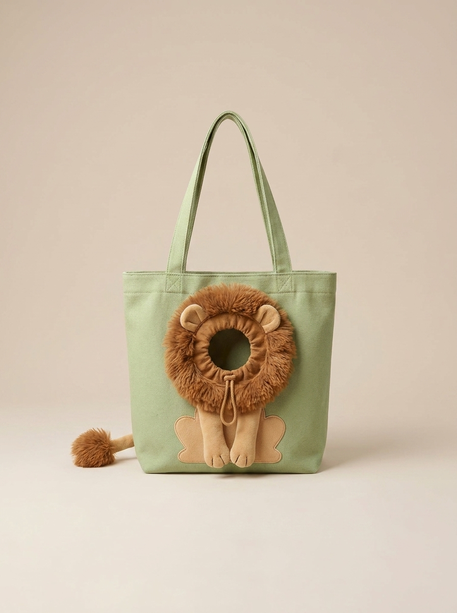 Sage green lion cat carrier bag worn over the shoulder