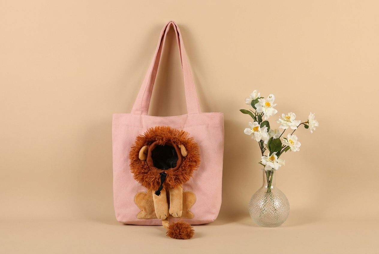 Lion cat carrier bags arranged on a living room sofa