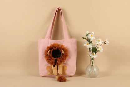 Lion cat carrier bags arranged on a living room sofa